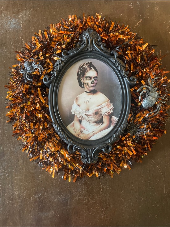 Tinsel Wreath Other - Vintage Looking Portrait Halloween Wreath in Black and Orange